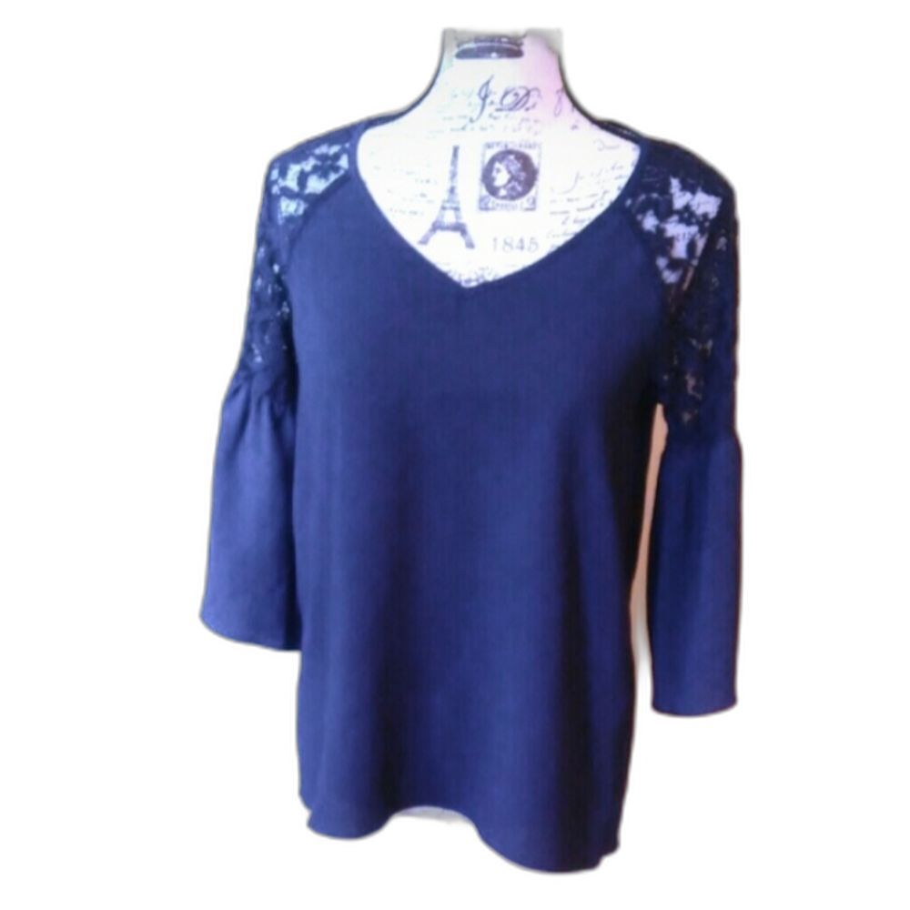 Whimsygoth Lace Shoulder Top Size S Navy Bell Sleeve Vampy Signature Studio NWT